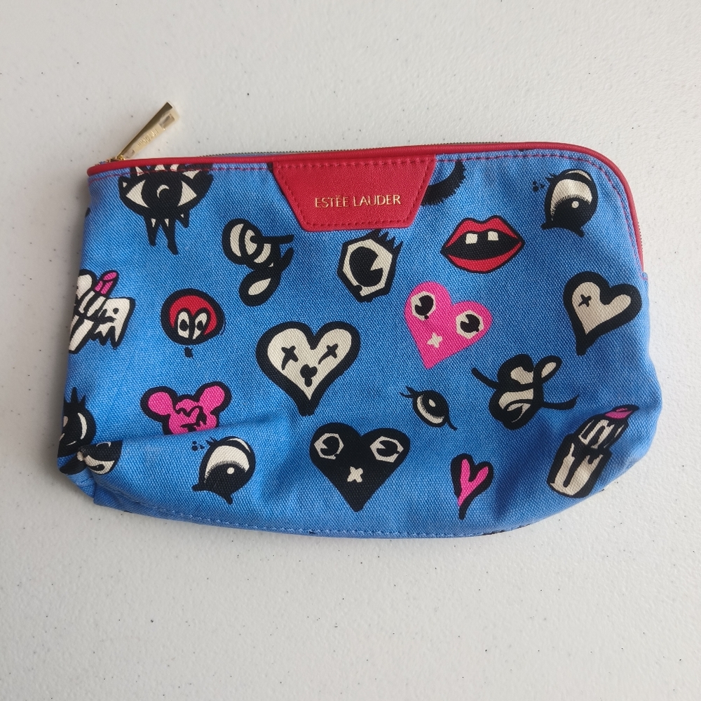 Estee Lauder Blue Small Cosmetic‎ Travel Bag with Cartoons Gold Zipper